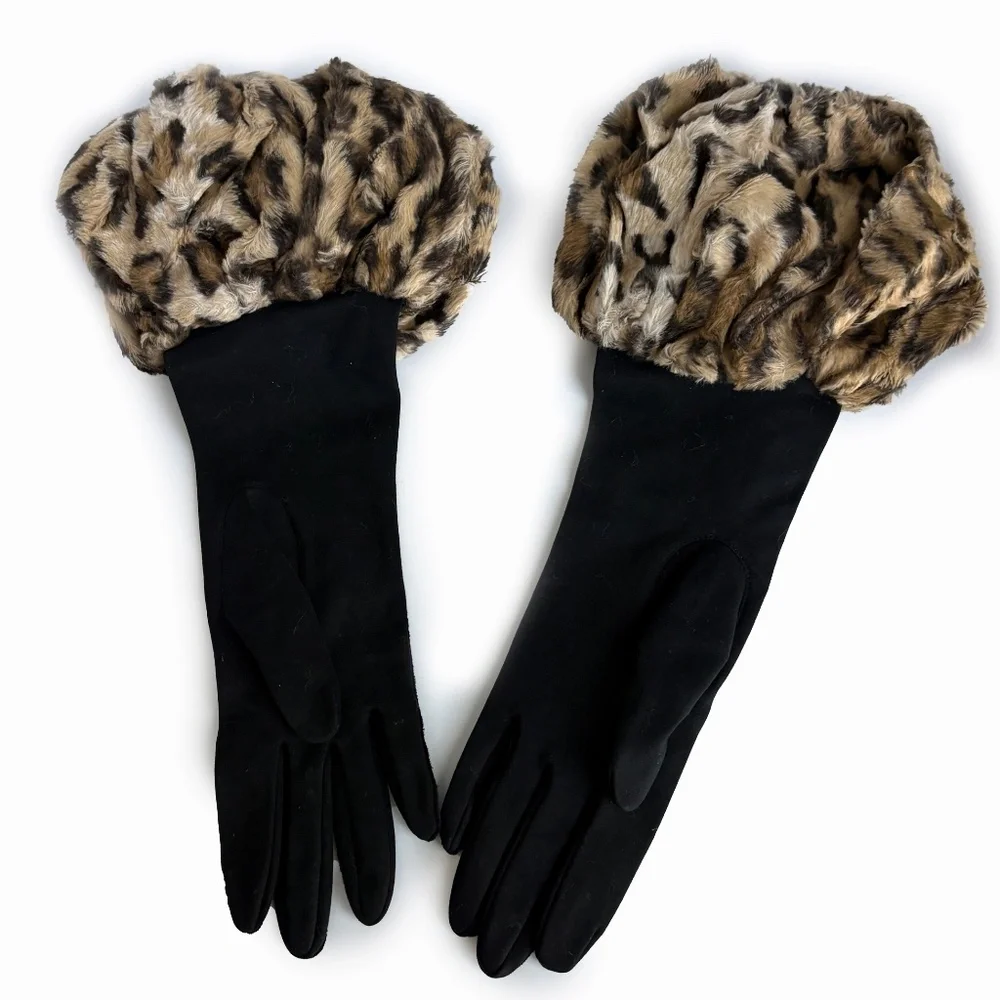 Vintage Early 90s Norma Kamali Faux Leopard Fur Cuff Gloves Retro Glam Rare